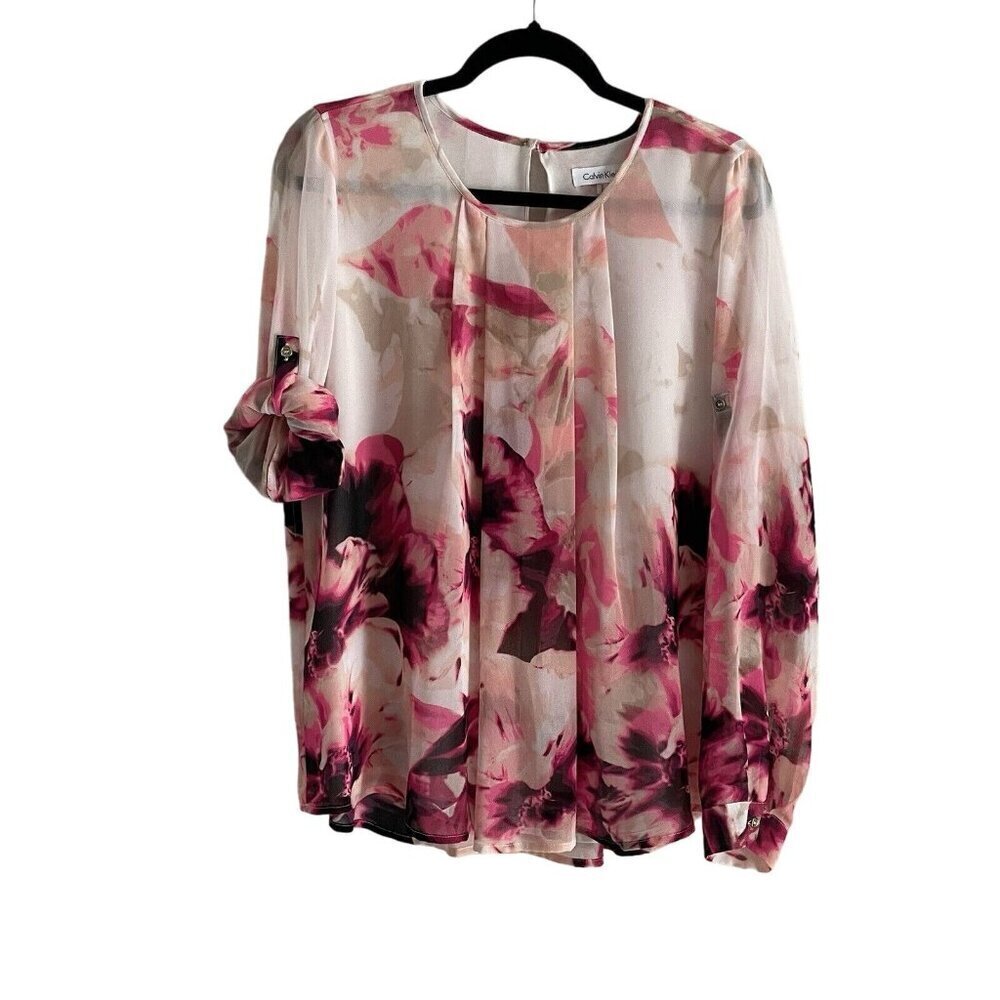 Calvin Klein Women Size M Pink Watercolor Floral Roll-Tab Sleeves Pleated Blouse